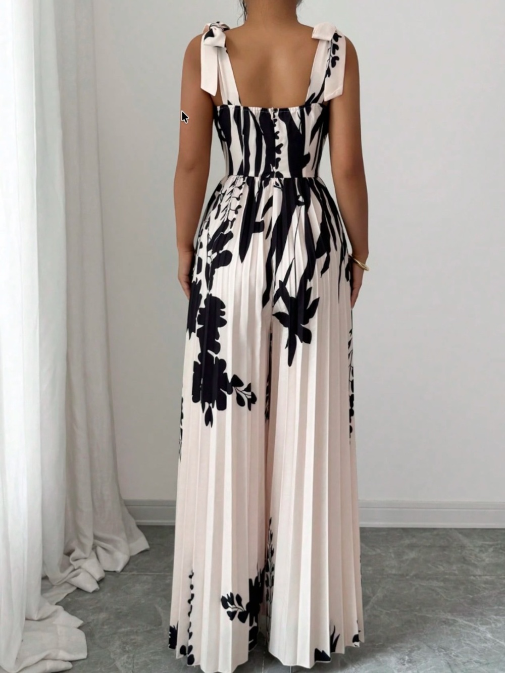 Boho Floral Print Shoulder Tie Pleated Wide Leg Jumpsuit - Picture 5 of 5